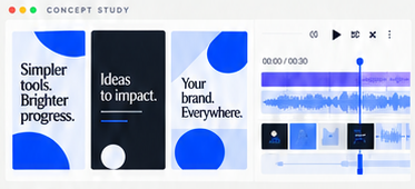 Concept study: blue and charcoal social graphics beside a video editing timeline